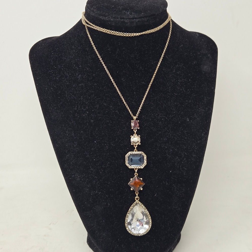 LOFT Gold Tone‎ Multi Stone Tiered Teardrop Pendant Necklace Blue Amber Crystal